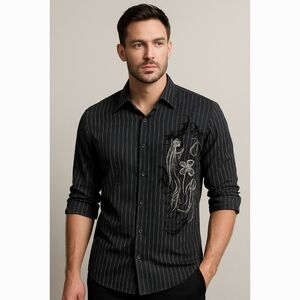 Bruno Black Pinstripe Stretch Embroidered Shirt Size‎ L Rockabilly Y2K Western